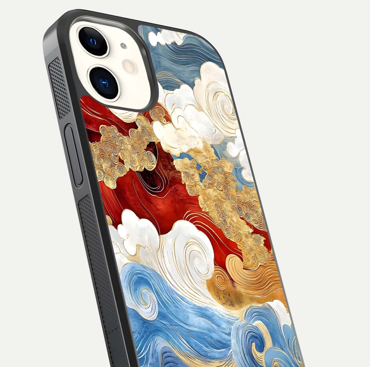 Colored Waves Glass Case for iPhone 12 Mini close-up angled shot highlighting gradient flow and light reflection
