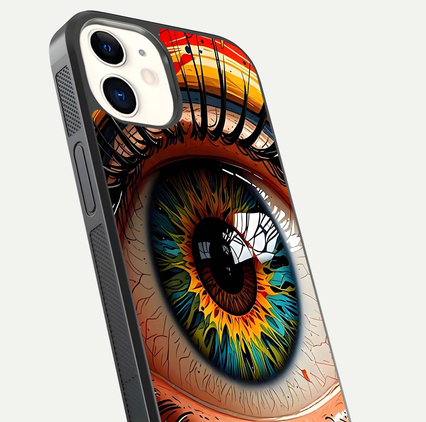 Colorful Eye Glass Case for iPhone 12 Mini close-up highlighting eye pattern detail and reflection shine