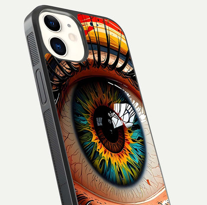 Colorful Eye Glass Case for iPhone 12 Mini close-up highlighting eye pattern detail and reflection shine