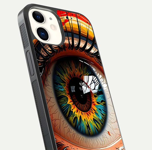 Colorful Eye Glass Case for iPhone 12 Mini close-up highlighting eye pattern detail and reflection shine