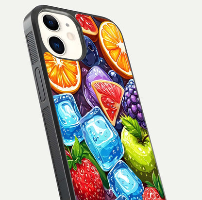 Colorful Fruits with Ice Glass Case for iPhone 12 Mini close-up highlighting fruit color and reflection glow