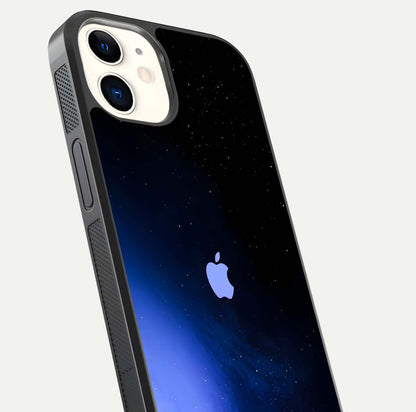 Cosmic Blue Apple Glass Case for iPhone 12 Mini close-up highlighting galaxy pattern, shine, and reflection detail