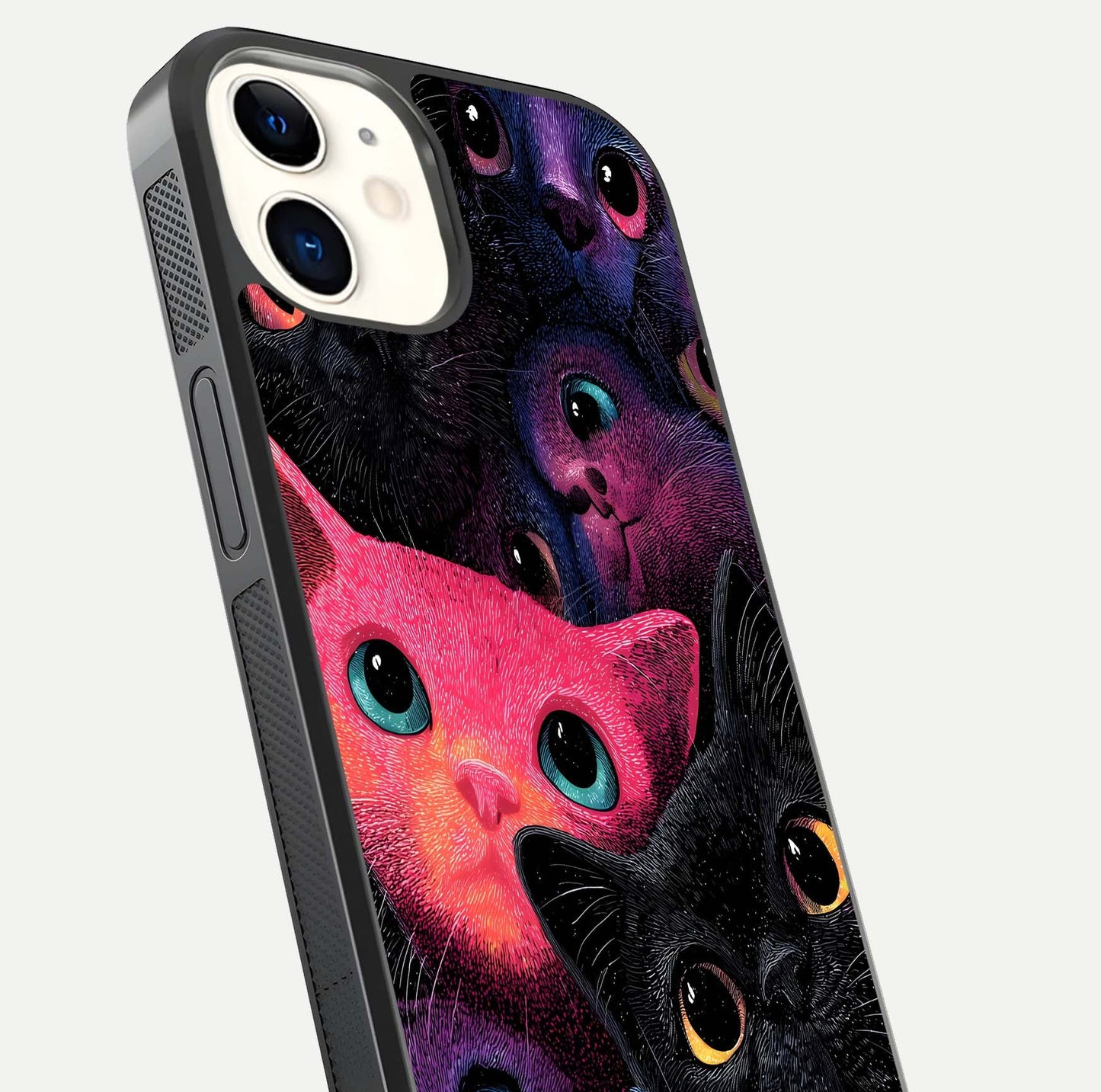 Cosmic Cats Dreams Glass Case for iPhone 12 Mini close-up highlighting cats and cosmic glow reflection