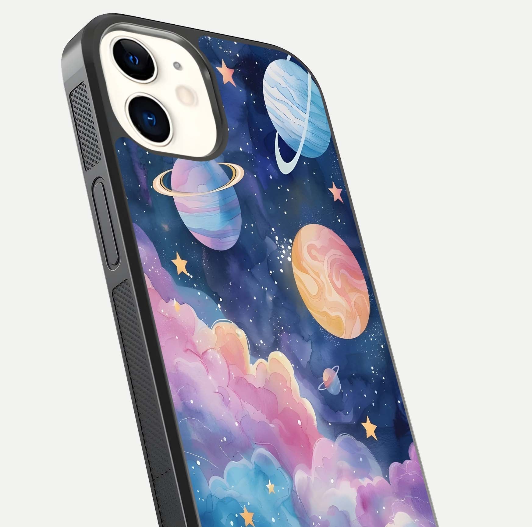 Cosmic Planet Dreams Glass Case for iPhone 12 Mini close-up highlighting planetary details and reflection glow