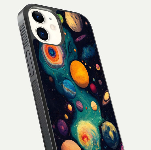 Cosmic Planet Journey Glass Case for iPhone 12 Mini close-up highlighting planets, stars, and shine reflection