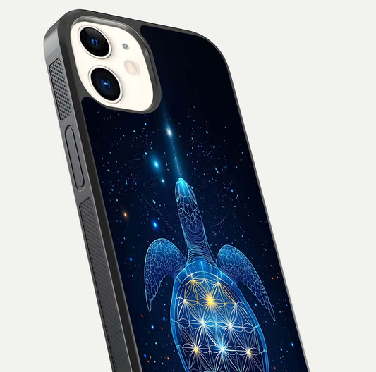 Crimson Blue Turtle Glass Case for iPhone 12 Mini close-up highlighting turtle shell detail and shine reflection