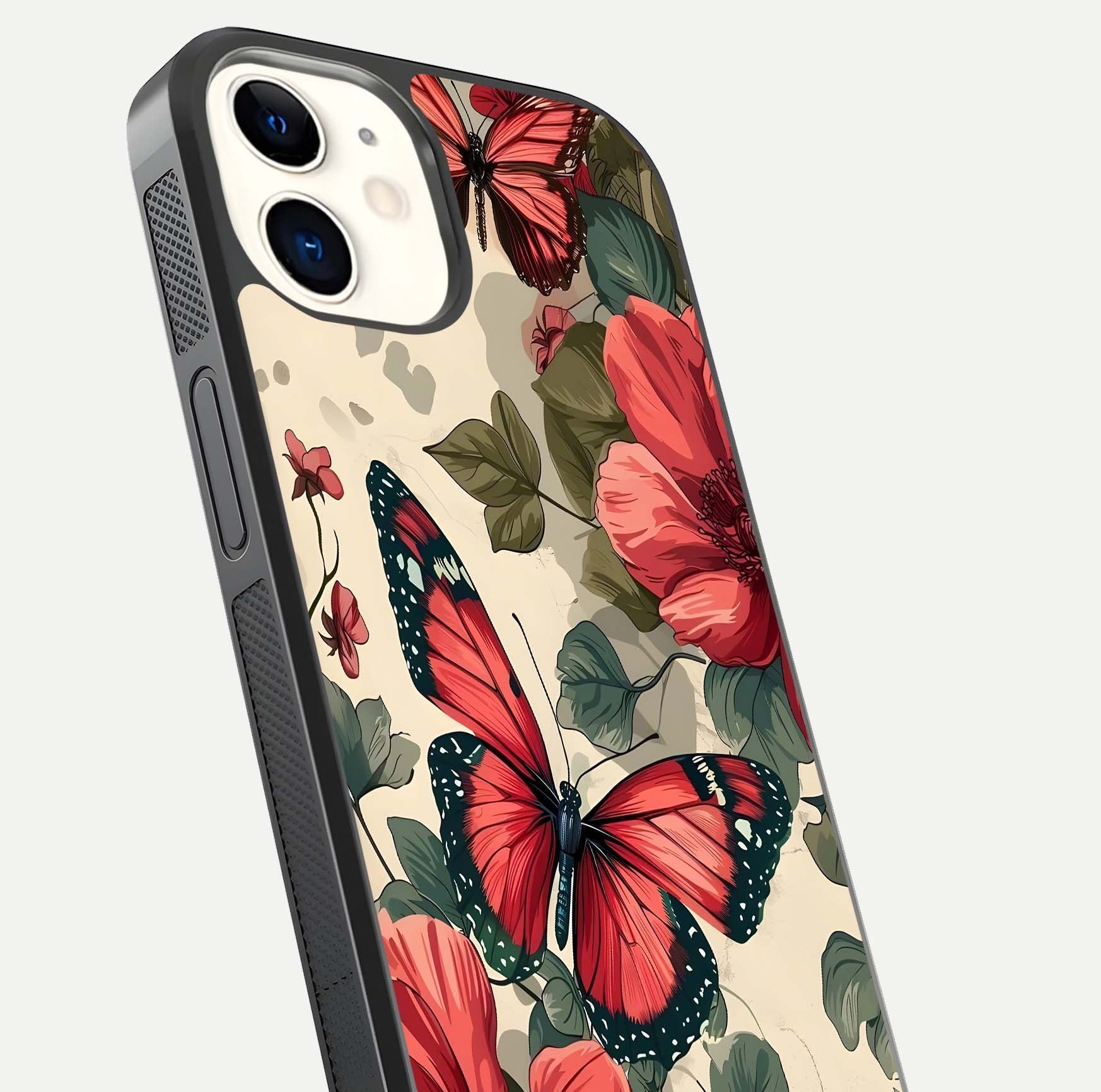 Crimson Butterfly Garden Glass Case for iPhone 12 Mini close-up showing wing detail and reflection shine