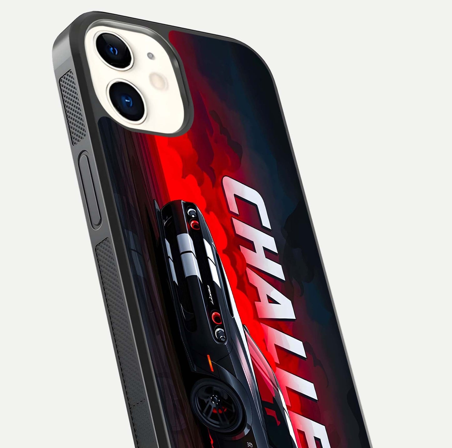 Crimson Challenger Fury Glass Case for iPhone 12 Mini close-up highlighting car details and reflection depth