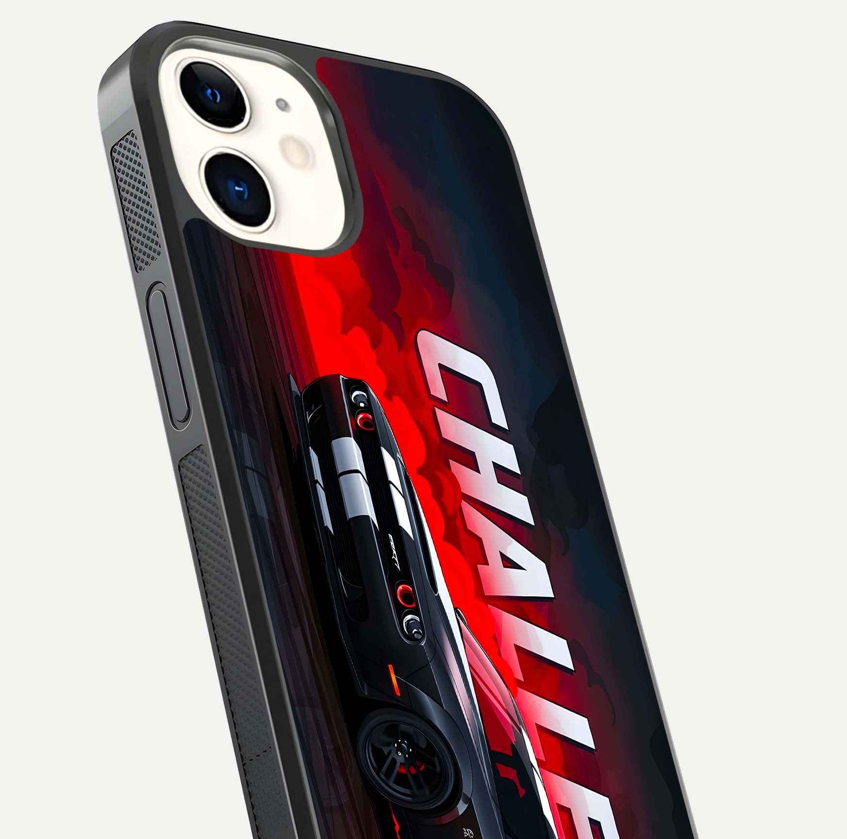 Crimson Challenger Fury Glass Case for iPhone 12 Mini close-up highlighting car details and reflection depth