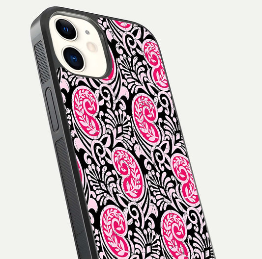 Crimson Paisley Charm Glass Case for iPhone 12 Mini close-up highlighting fine pattern detail and reflection tone