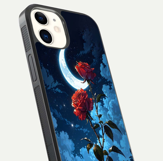 Crimson Rose Moon Glass Case for iPhone 12 Mini close-up showing rose detail and reflection highlight
