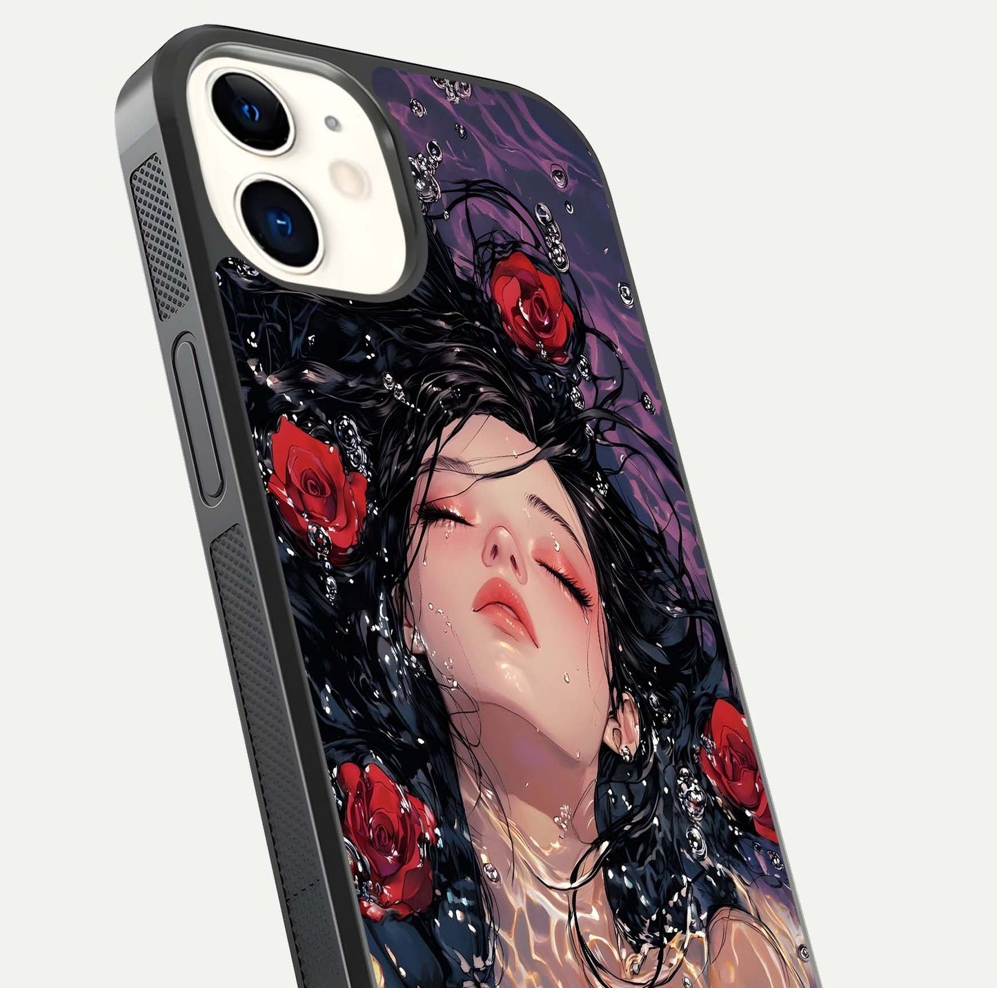 Crimson Rose Serenity Glass Case for iPhone 12 Mini close-up highlighting rose gradient and reflection detail