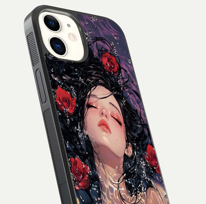 Crimson Rose Serenity Glass Case for iPhone 12 Mini close-up highlighting rose gradient and reflection detail