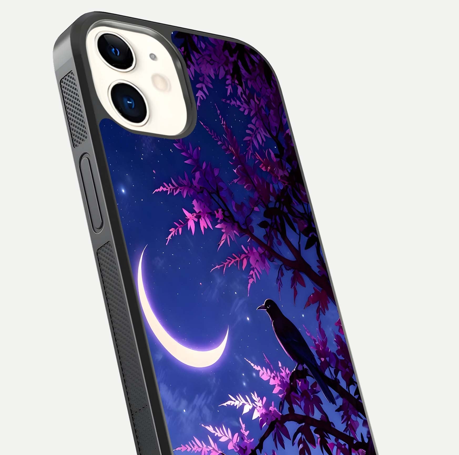 Crow & Moon Scenery Glass Case for iPhone 12 Mini close-up highlighting moon detail, dark tones, and glass reflection