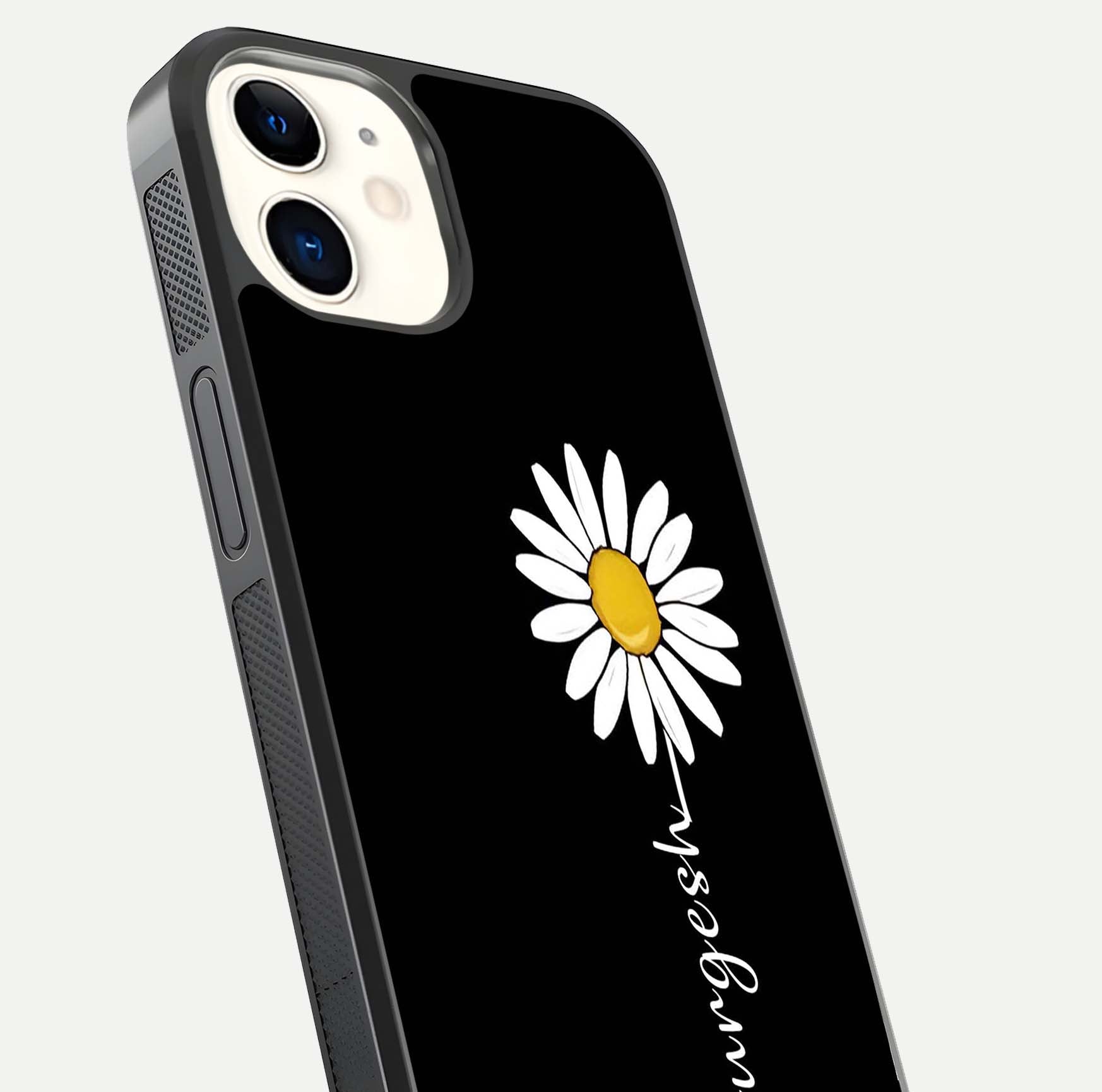 Custom Name White Flower Glass Case for iPhone 12 Mini close-up highlighting petals, name print, and reflection polish