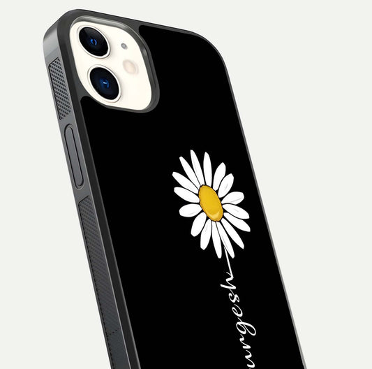 Custom Name White Flower Glass Case for iPhone 12 Mini close-up highlighting petals, name print, and reflection polish