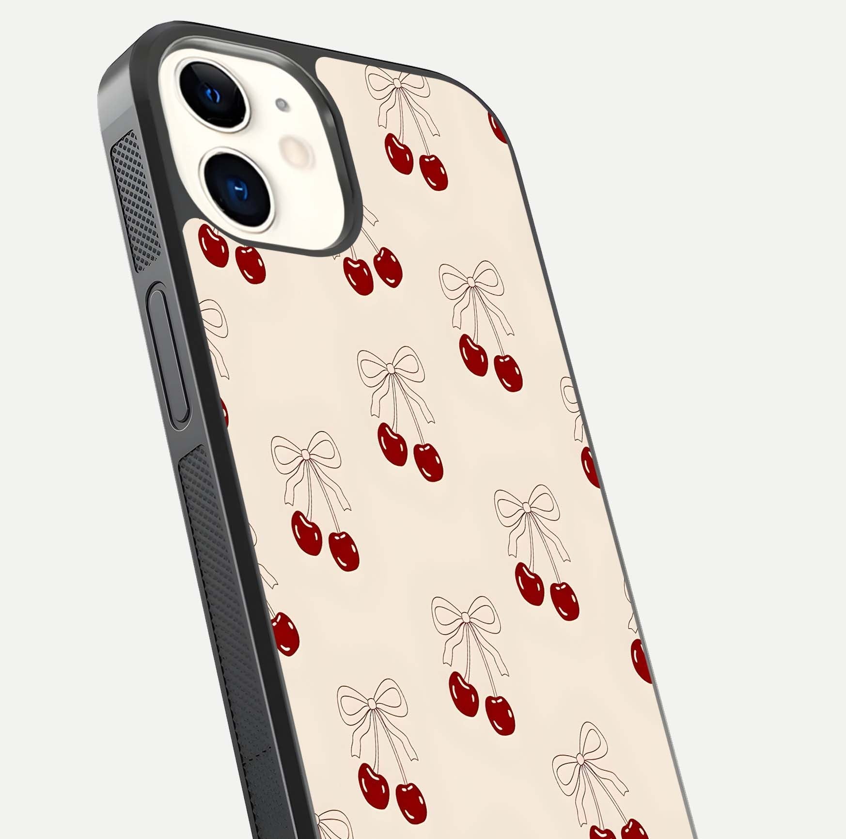 Cute Cherry Pattern Glass Case for iPhone 12 Mini close-up showing cherry cluster details and light reflection