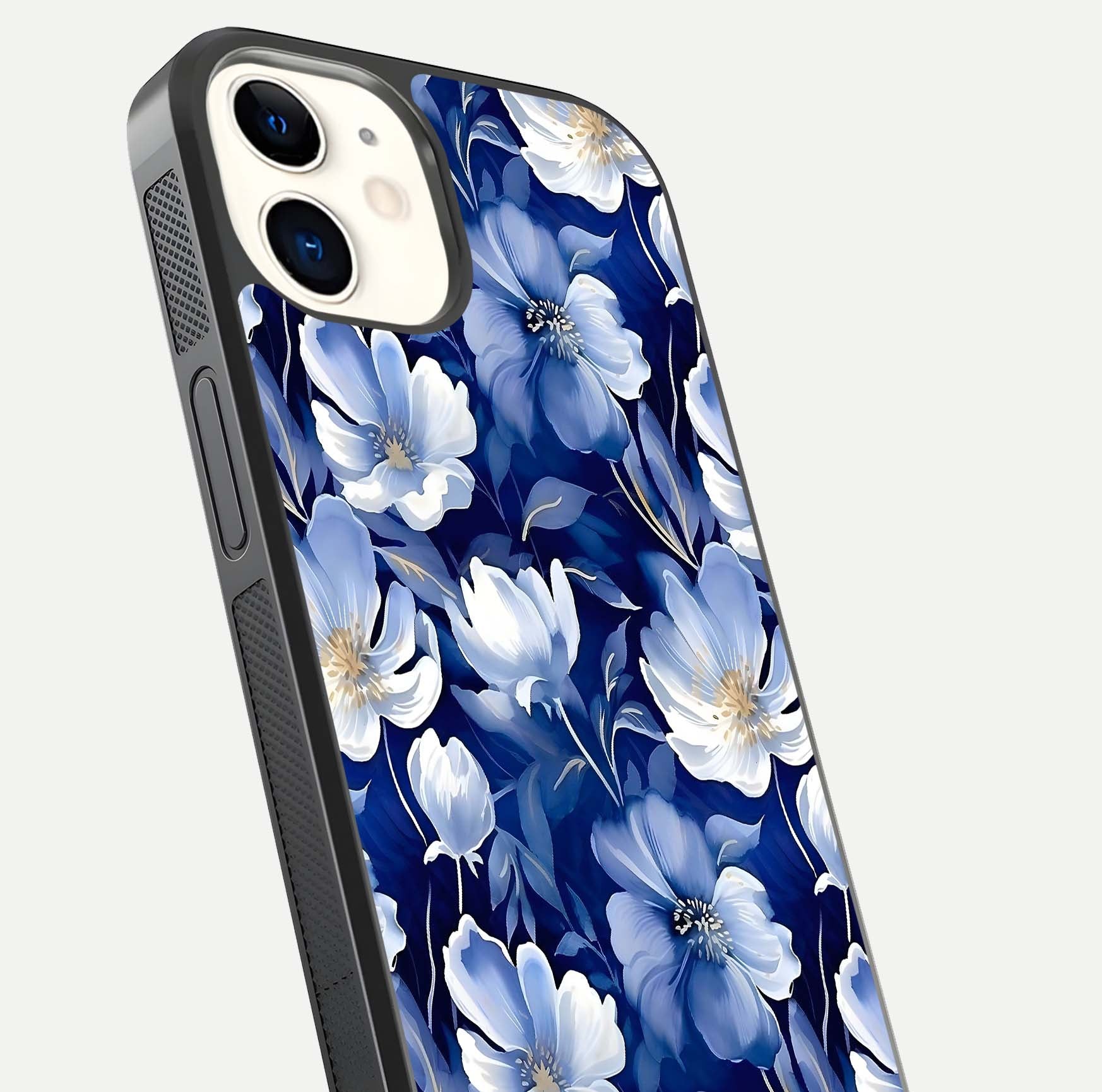 Cute Floral Patterns Glass Case for iPhone 12 Mini close-up highlighting flowers and gloss reflection