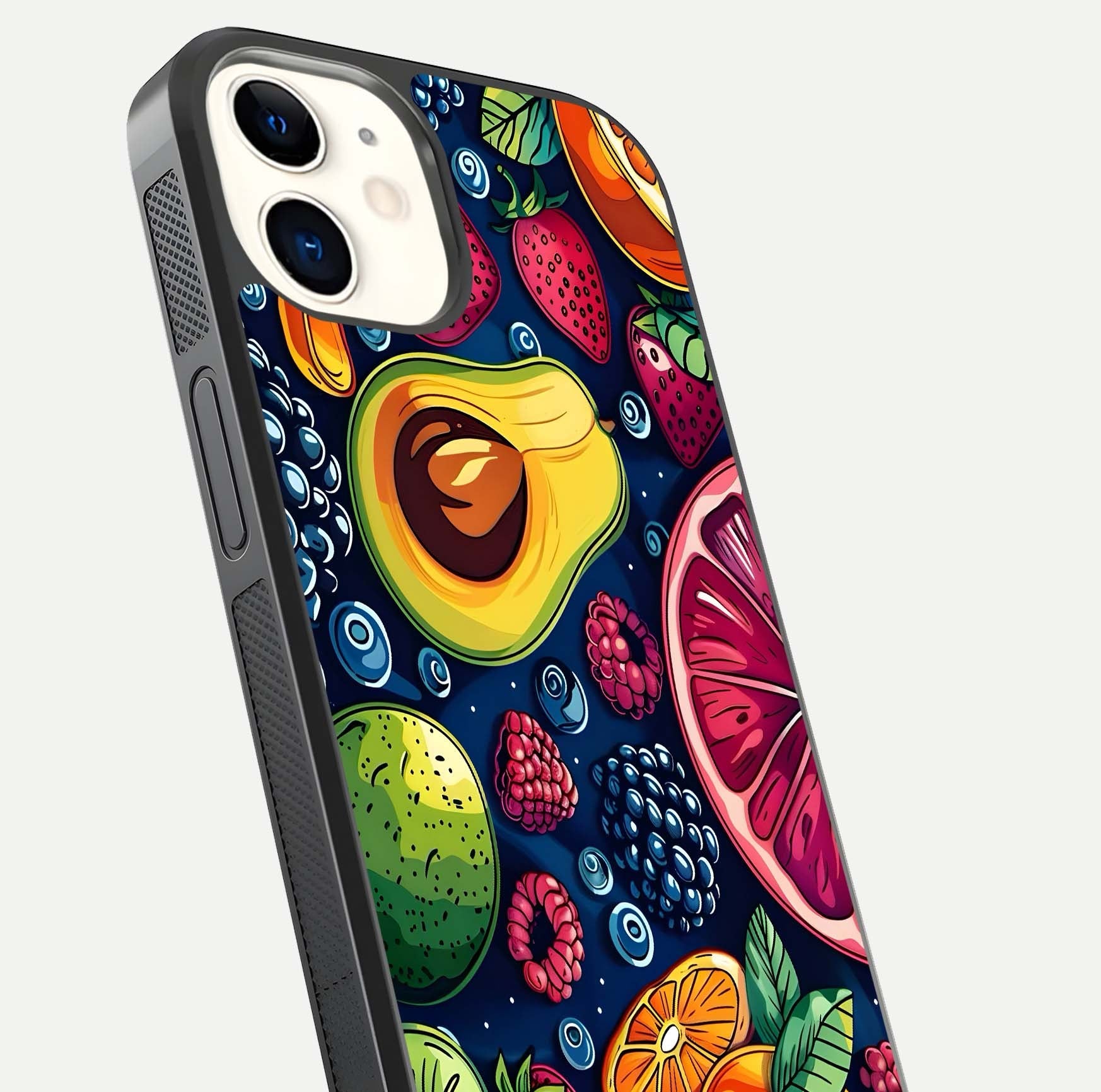 Cute Fruits Art Glass Case for iPhone 12 Mini close-up highlighting fruit shapes, color tones, and reflection polish