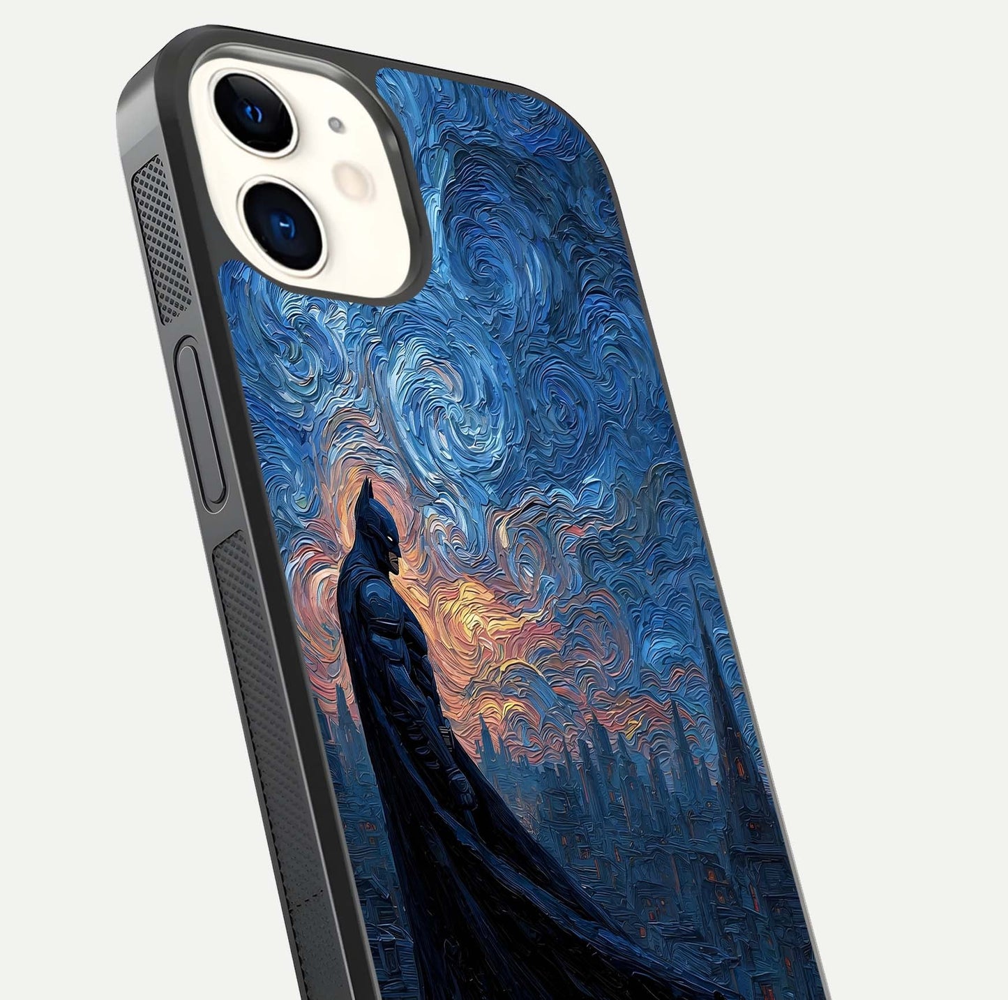 Dark Knight Dusk Glass Case for iPhone 12 Mini close-up highlighting dark suit texture and reflection detail