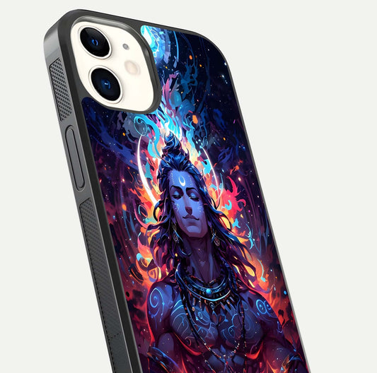 Divine Fire Shiv Glass Case for iPhone 12 Mini close-up highlighting divine detailing and reflection depth