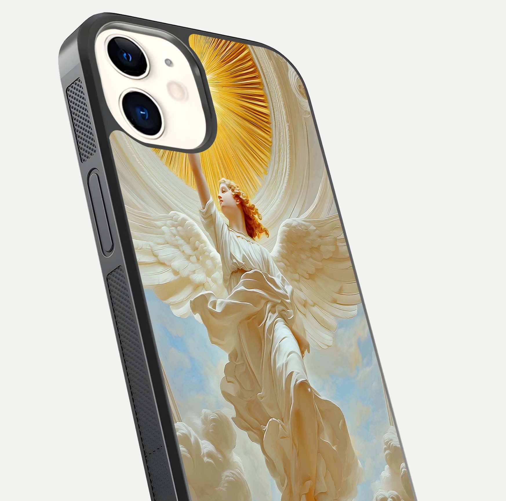 Divine Light Angel Glass Case for iPhone 12 Mini close-up highlighting light rays and glass reflection