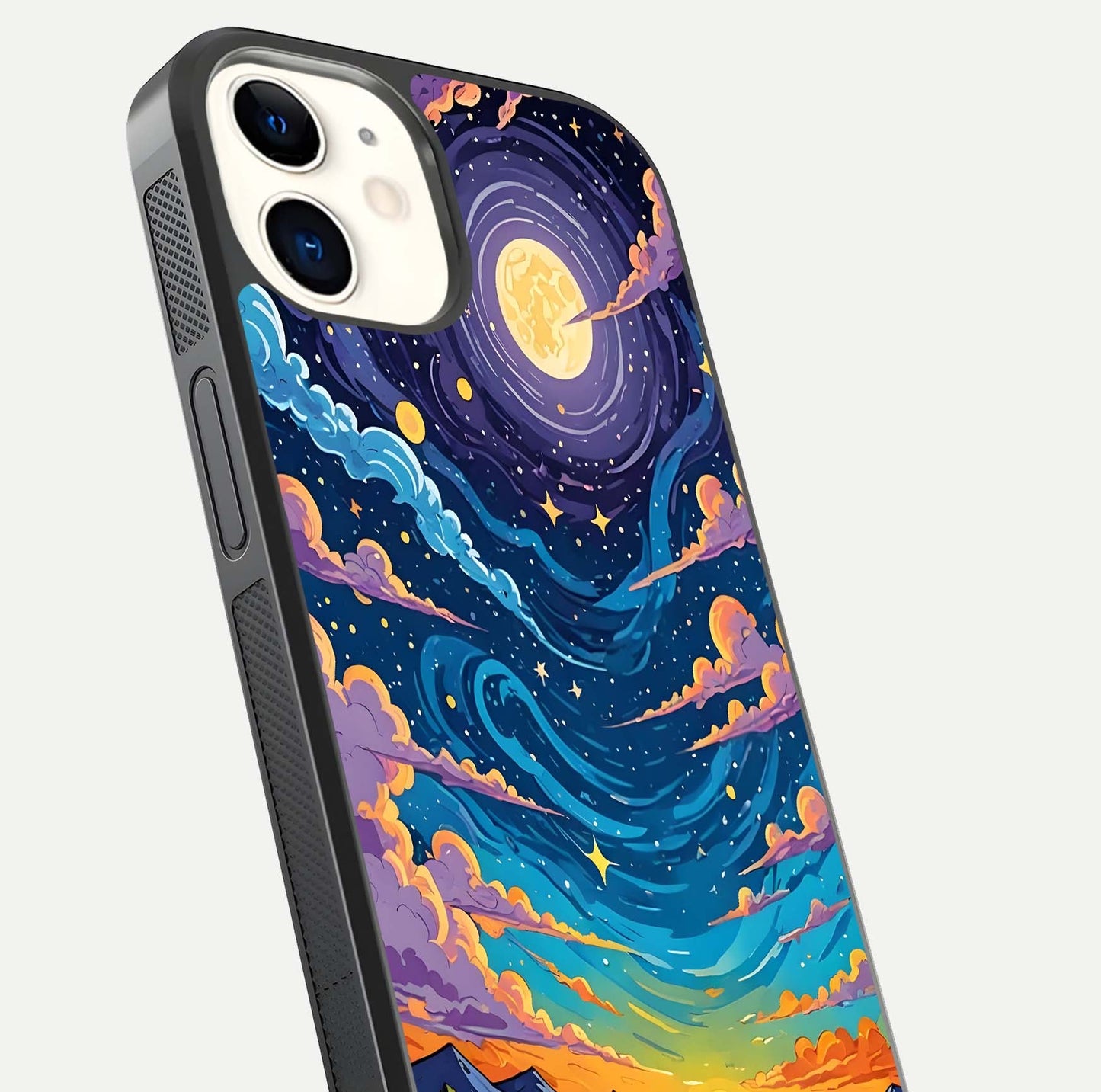 Dreamy Night Landscape Glass Case for iPhone 12 Mini close-up highlighting stars and reflection tone