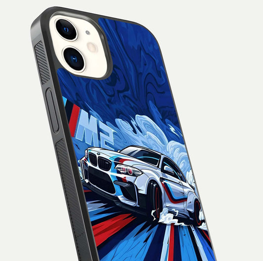 Drift Power Rush Glass Case for iPhone 12 Mini close-up highlighting car reflection and metallic tones