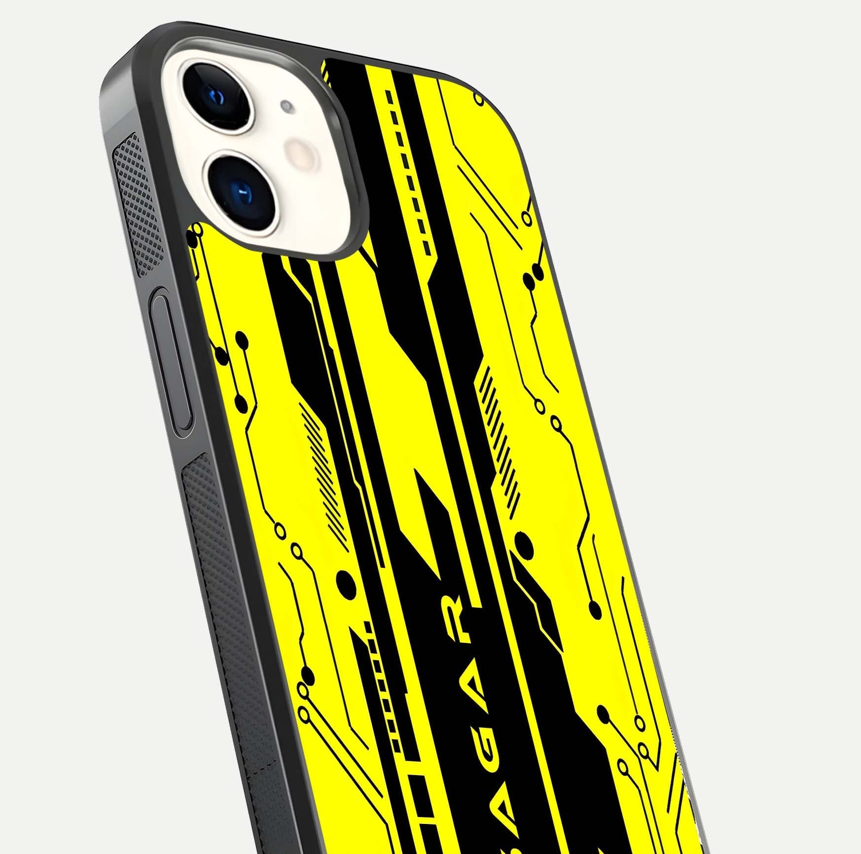 Electric Pulse CYBERPUNK Custom Name Glass Case for iPhone 12 Mini close-up highlighting tech pattern, lighting effect, and reflection shine
