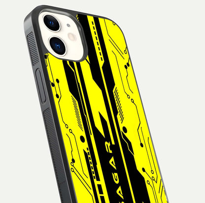 Electric Pulse CYBERPUNK Custom Name Glass Case for iPhone 12 Mini close-up highlighting tech pattern, lighting effect, and reflection shine