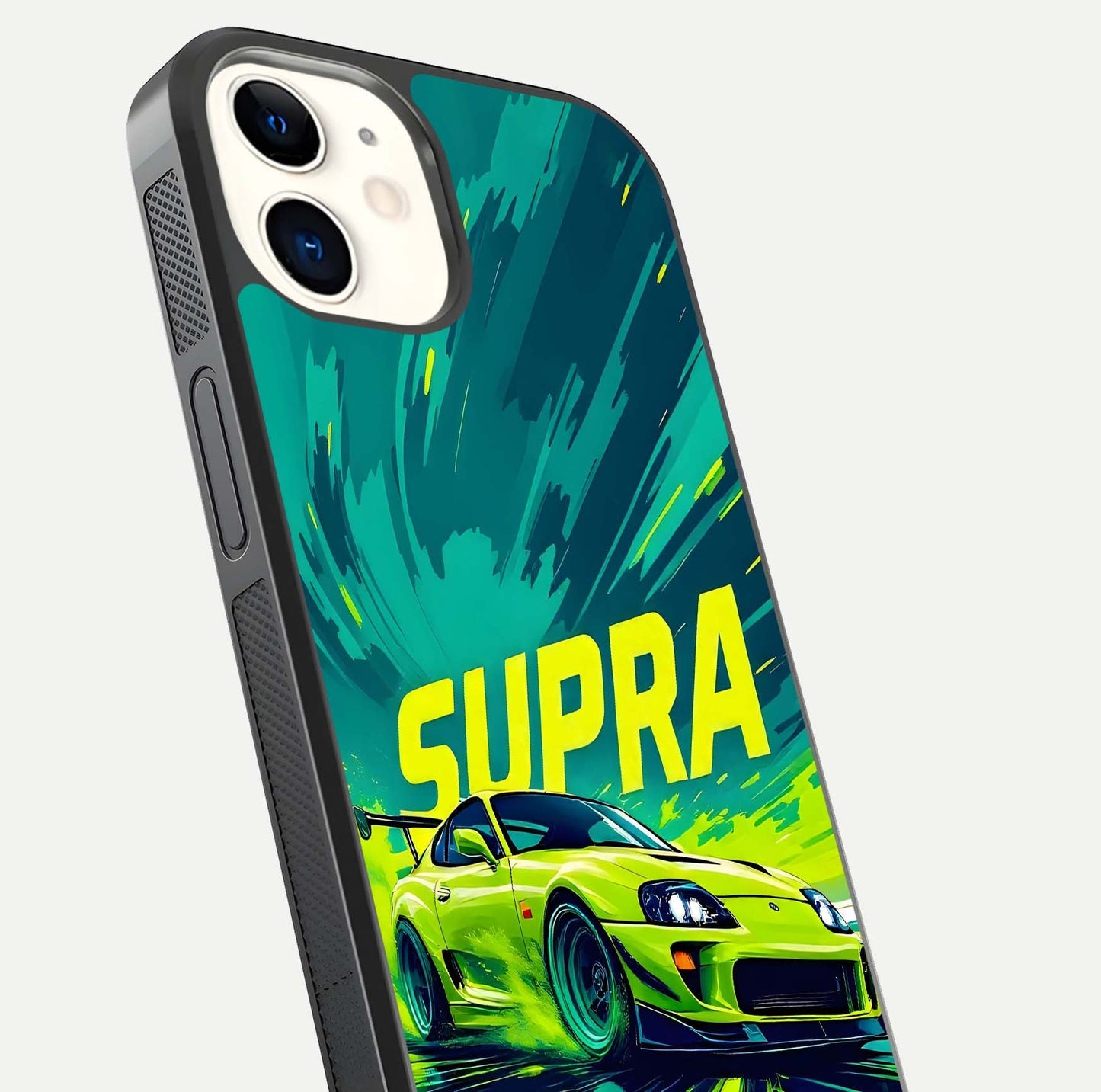 Electric Supra Thunder Glass Case for iPhone 12 Mini close-up highlighting car reflection, neon tones, and gloss polish