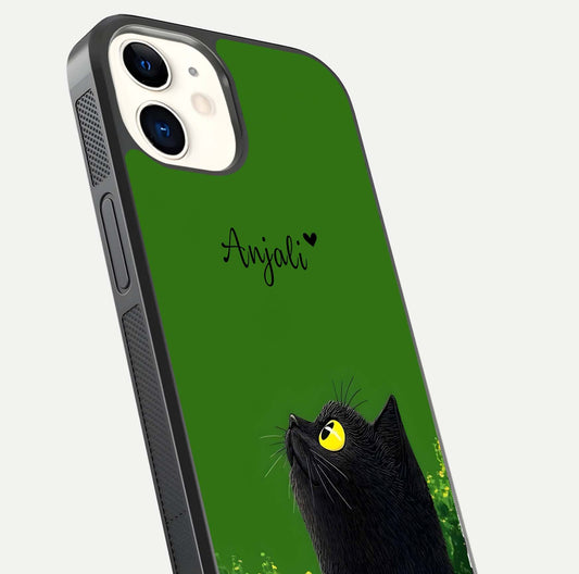 Emerald Cat Custom Name Glass Case for iPhone 12 Mini close-up highlighting feline detail, emerald hues, and reflection polish