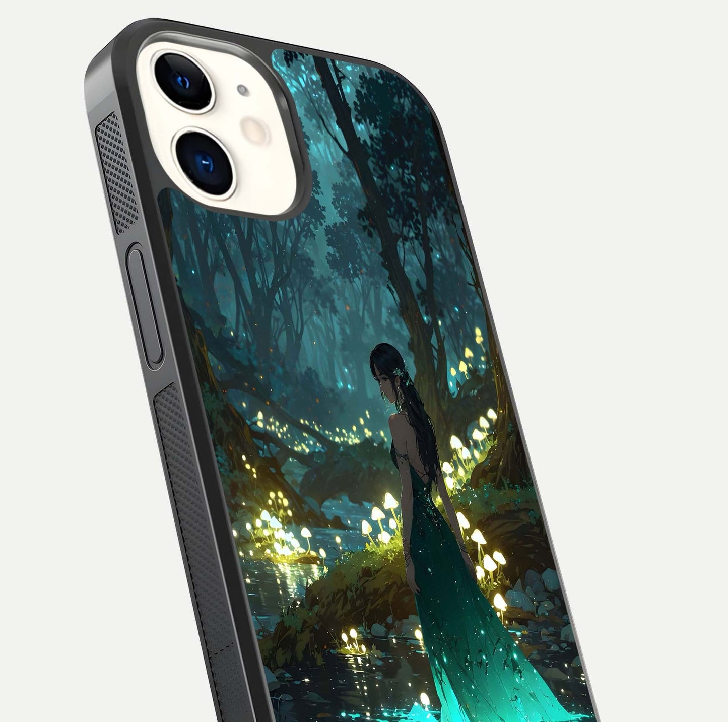 Enchanted Forest Glow Glass Case for iPhone 12 Mini close-up highlighting trees, lights, and reflection texture