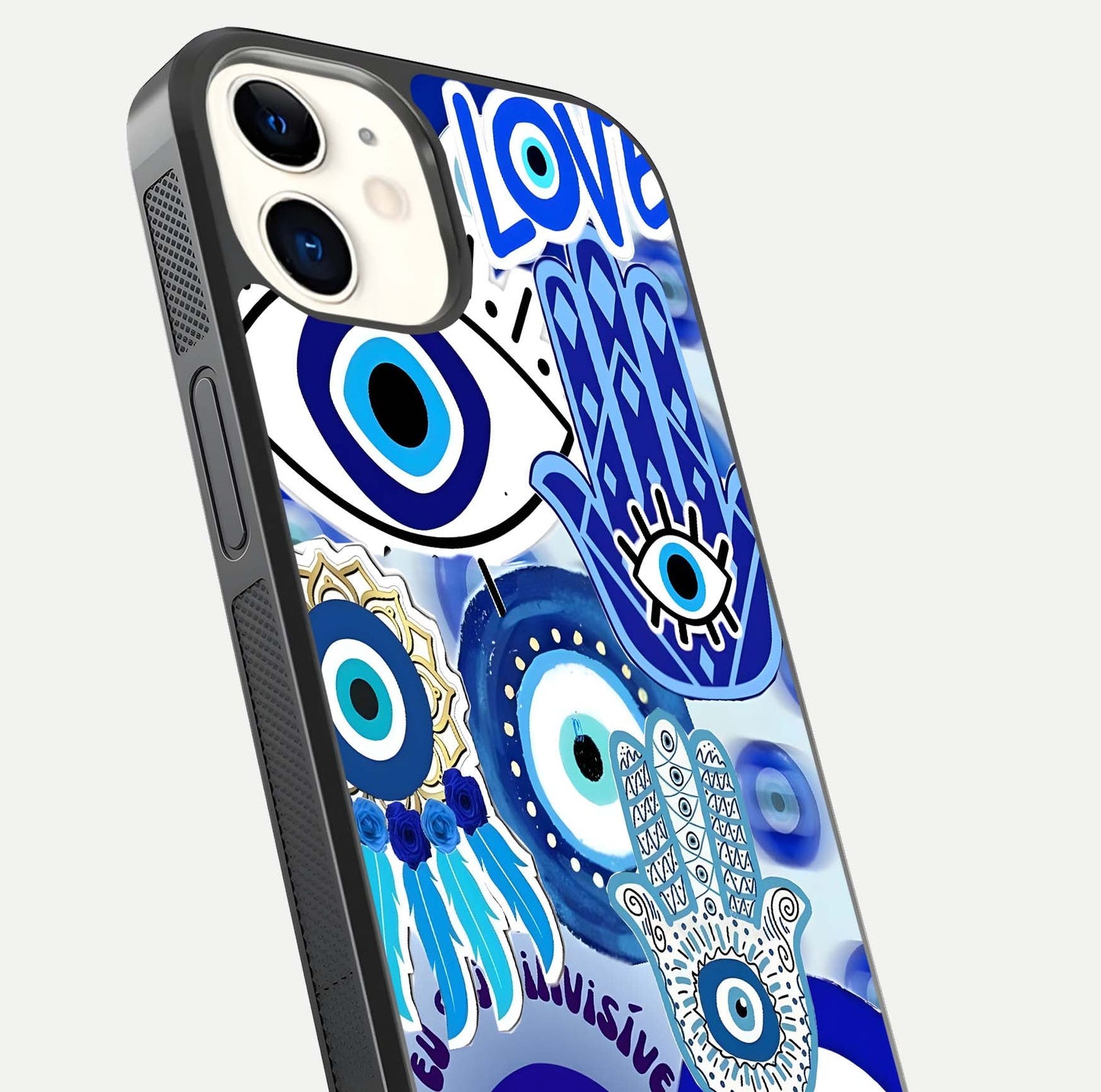 Evil Eyes Dream Glass Case for iPhone 12 Mini close-up highlighting evil-eye charm detail and light reflection on glass
