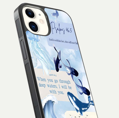 Faithful Ocean Promise Glass Case for iPhone 12 Mini close-up highlighting water reflection and serene blue tones