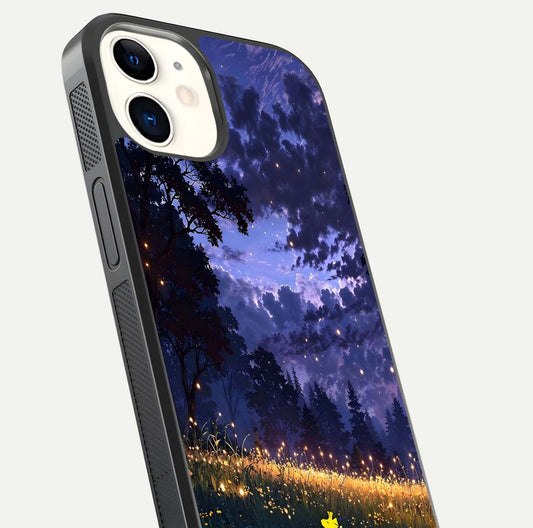 Firefly Meadow Magic Glass Case for iPhone 12 Mini close-up highlighting luminous firefly light and reflection detail