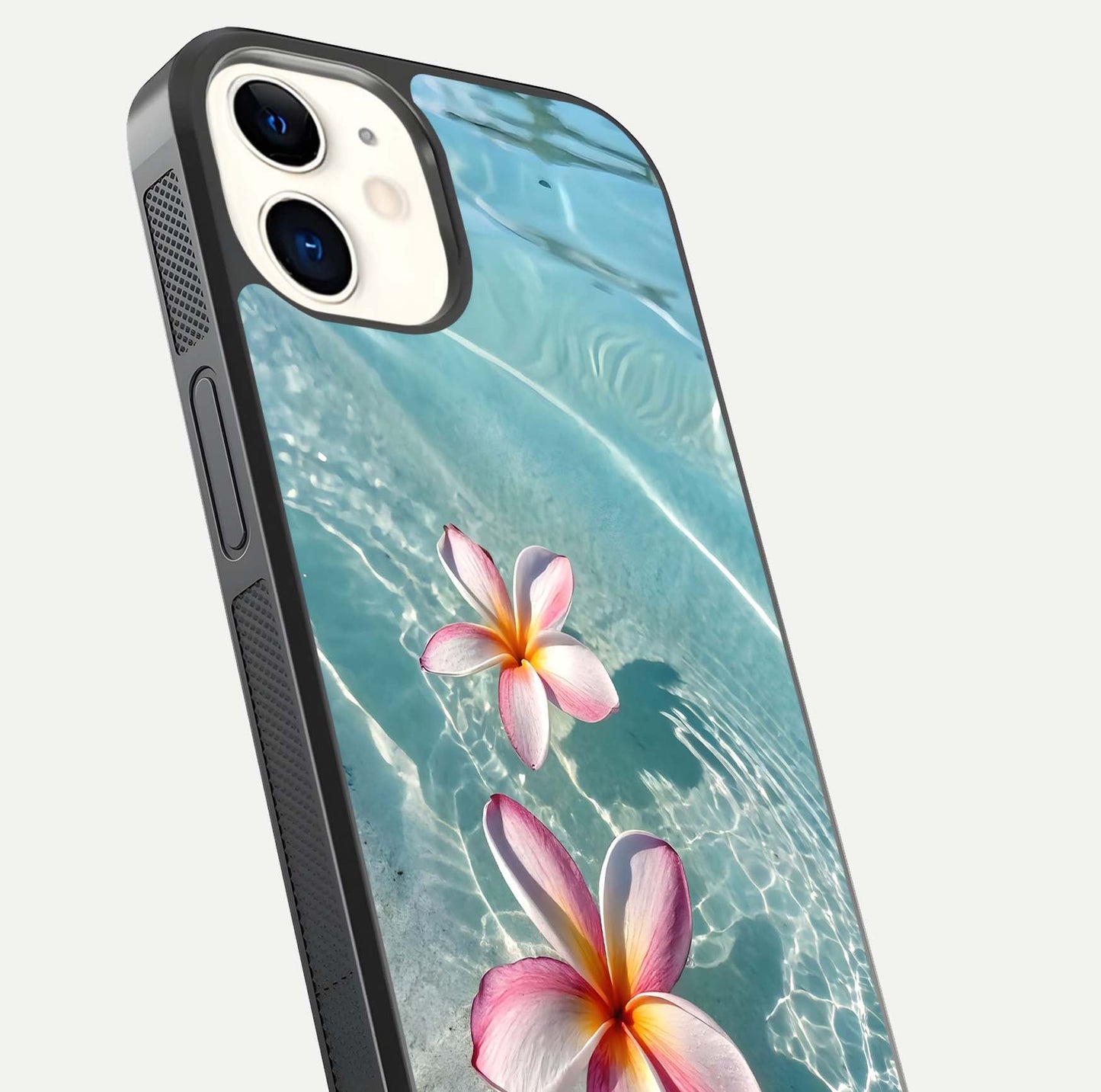 Floating Bloom Bliss Glass Case for iPhone 12 Mini close-up highlighting petal detail and reflection tone