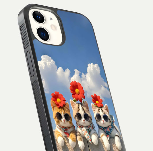 Floral Kitty Squad Glass Case for iPhone 12 Mini close-up highlighting cat detail and flower patterns with HD shine