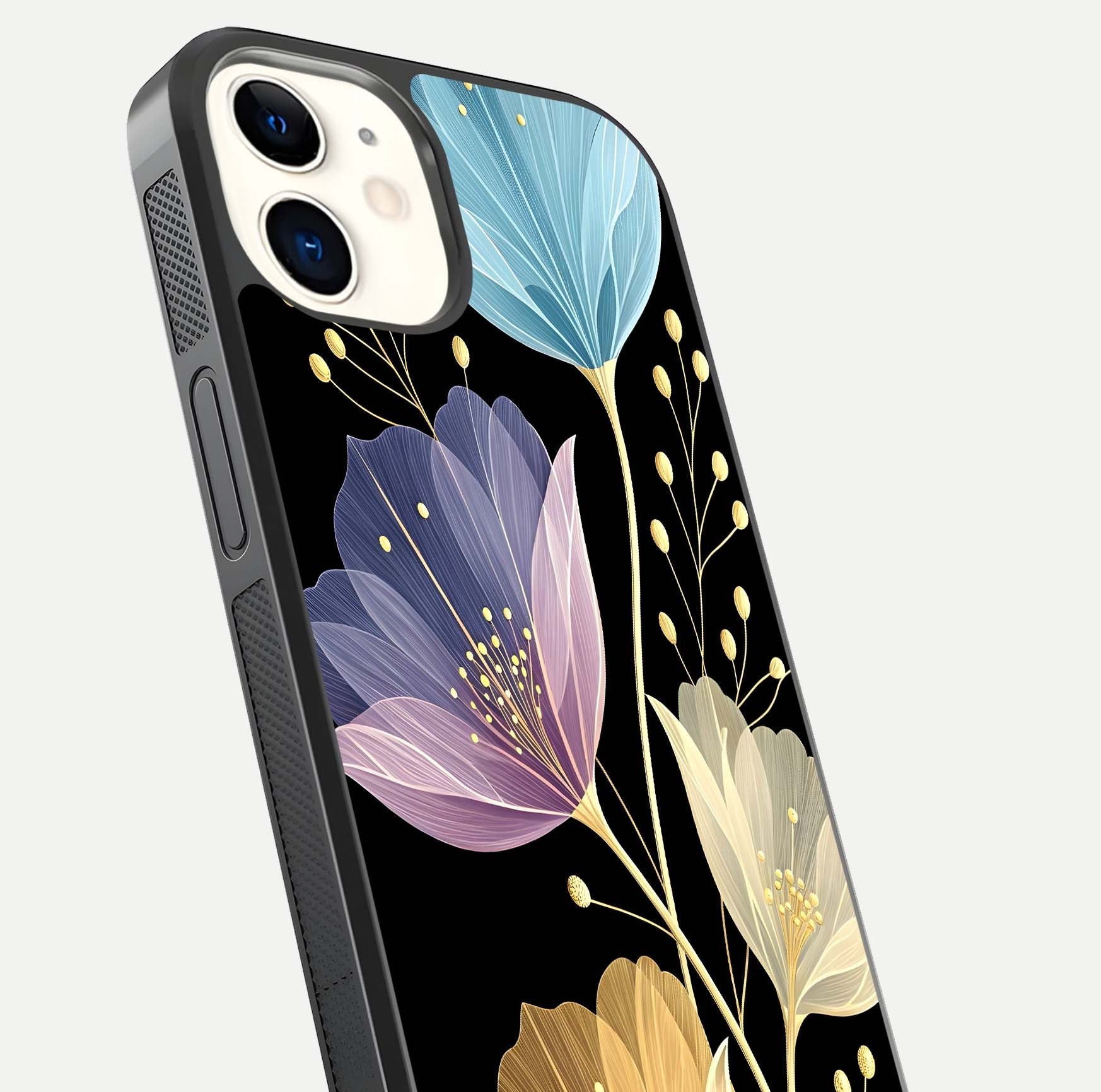 Flower Bloom Glow Glass Case for iPhone 12 Mini close-up highlighting bloom detail and reflection polish