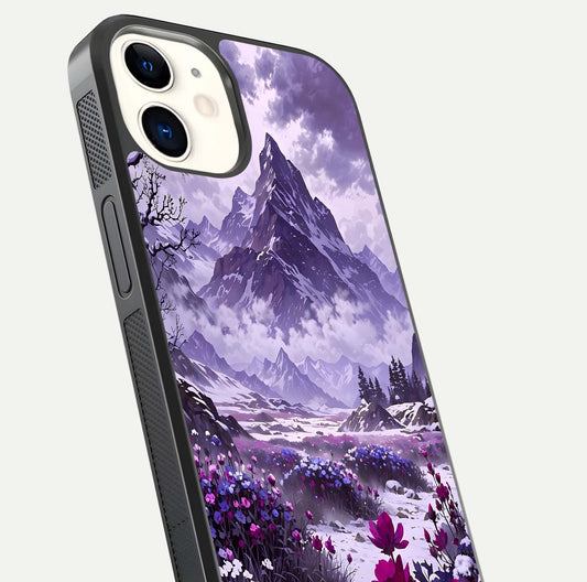 Flower Mountain View Glass Case for iPhone 12 Mini close-up highlighting petal details and sky reflection
