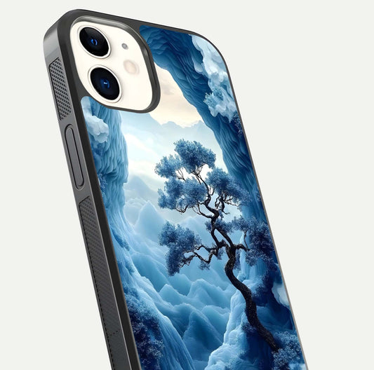 Frozen Serenity Gate Glass Case for iPhone 12 Mini close-up highlighting frosted texture and reflection tone