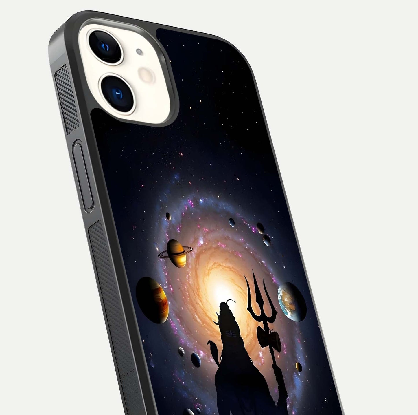 Galactic Shiva Vision Glass Case for iPhone 12 Mini close-up angled shot highlighting divine aura, trident details, and reflection shine
