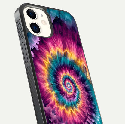 Galactic Spiral Burst Glass Case for iPhone 12 Mini close-up angled shot showing spiral burst detail, neon tones, and glossy reflection