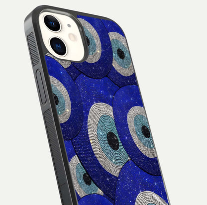Galaxy Eye Flow Glass Case for iPhone 12 Mini close-up angled shot showing vivid swirl detail and reflection brightness
