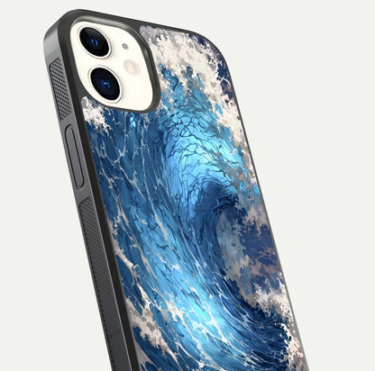 Giant Ocean Wave Glass Case for iPhone 12 Mini close-up angled shot showing wave texture and water reflection shine