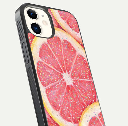 Glitter Grapefruit Glass Case for iPhone 12 Mini close-up angled shot showing fruit texture and glitter reflection