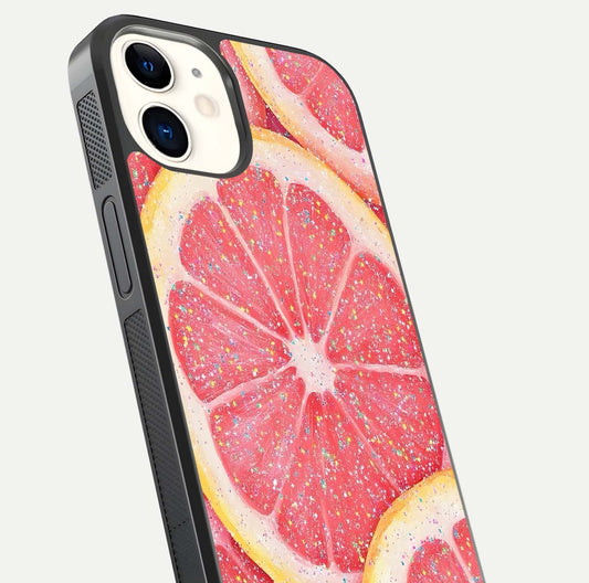 Glitter Grapefruit Glass Case for iPhone 12 Mini close-up angled shot showing fruit texture and glitter reflection