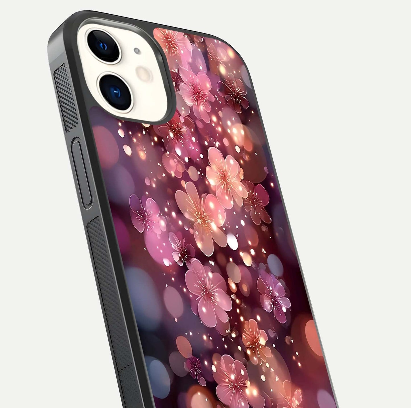 Glowing Petal Bliss Glass Case for iPhone 12 Mini close-up angled shot showing petal glow, color depth, and reflection shine