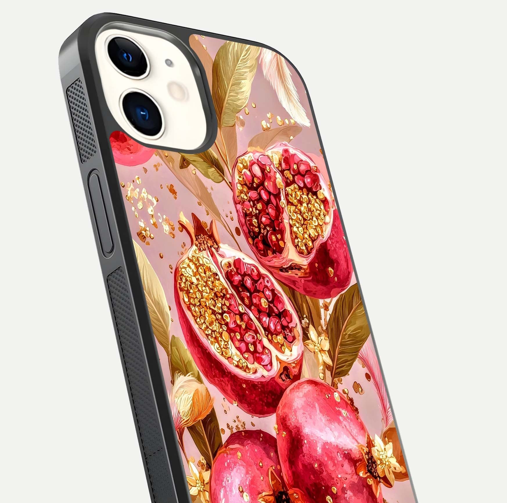 Golden Bloom Glow Glass Case for iPhone 12 Mini close-up angled shot showing metallic tones and reflection brilliance