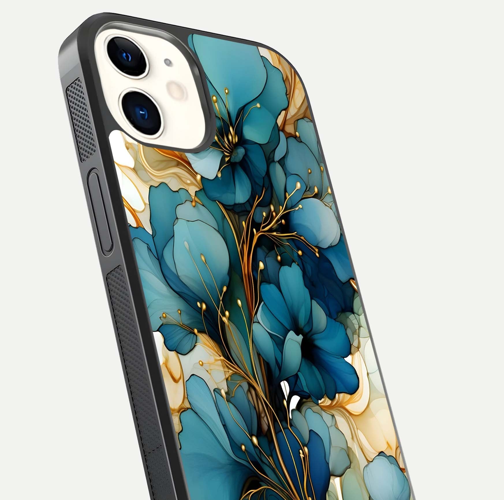 Golden Bloom Symphony Glass Case for iPhone 12 Mini close-up angled shot showing detailed petals and metallic gold reflection